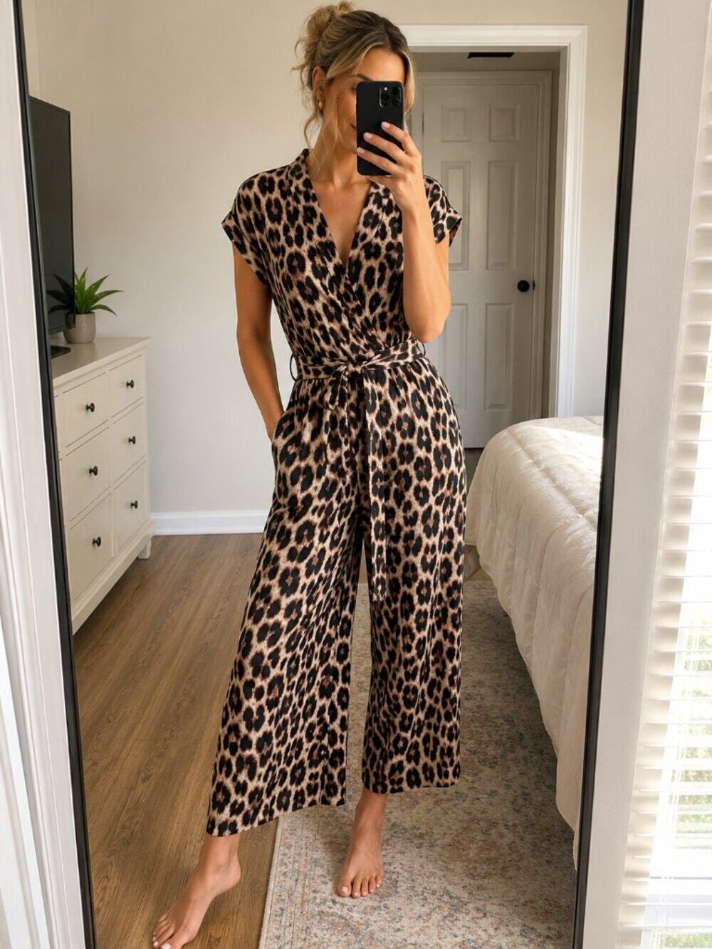 SHEIN Curve 0XL Leopard Print Wide Leg Jumpsuit Belted Plus Size Romper